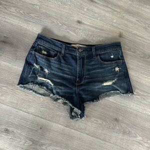 HOLLISTER “Vintage Short High Rise” Blue Distressed Jean Shorts Raw Hem 11/W30